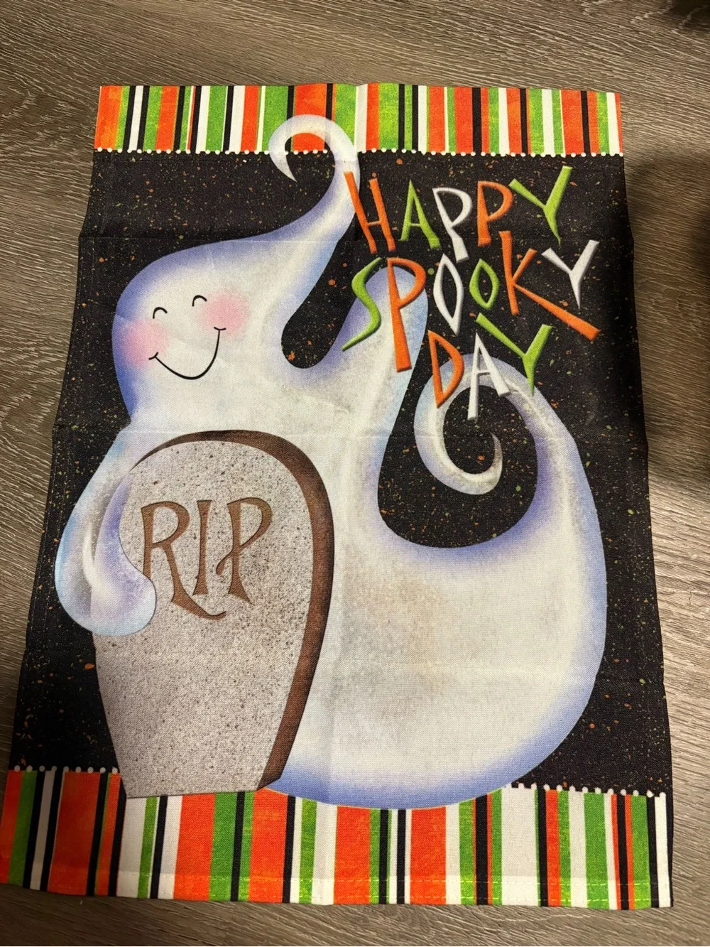 Happy Spooky Day Ghost Garden Flag - Halloween Decor (White, Orange, Green)